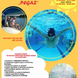 Plakat reklamowy obozu pływacko-sportowo-rekreacyjnego z motywem wakacji w agroturystyce, prezentujący dzieci pływające w basenie pod wodą oraz grupę na jachcie, a także ognisko z pieczeniem...