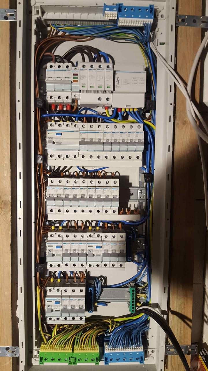 Rozdzielnica elektryczna w obudowie z widocznymi bezpiecznikami, przewodami w kolorach niebieskim, żółto-zielonym i brązowym oraz listwami zaciskowymi, zamontowana na drewnianej ścianie.