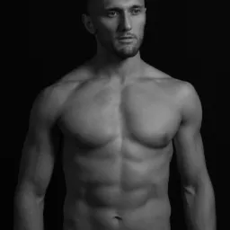 Czarno-białe zdjęcie umięśnionego mężczyzny z krótką brodą i fryzurą undercut, zamyślony wzrok skierowany w bok, z widocznym zegarkiem na nadgarstku.