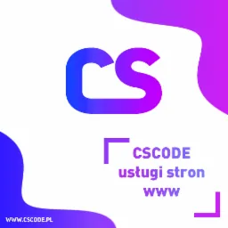 Graficzne logo firmy CSCODE z gradientem fioletowo-niebieskim, oferującej usługi stron internetowych, z adresem strony www.cscode.pl