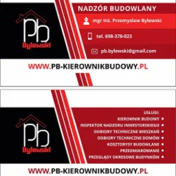 Wizytówka firmy budowlanej z logo w kształcie domu, imieniem i nazwiskiem inżyniera, numerem telefonu, adresem email oraz listą usług obejmującą nadzór budowlany, odbiory techniczne i kosztorysy.