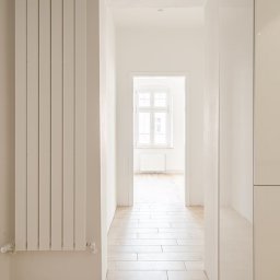 Profi Domo - Jasny korytarz w minimalistycznym stylu z białym grzejnikiem panelowym i podłogą wyłożoną płytkami imitującymi drewno, widok na pokój z oknem.