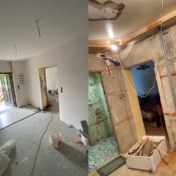 INSIDE HOME - DAMIAN RUSINEK - Porównanie stanu pokoju przed i po remoncie: po lewej odnowiony pokój z białymi ścianami, nowymi płytkami podłogowymi i otwartym wejściem, po prawej pokój w trakcie remontu z odsłoniętymi ścianami,...