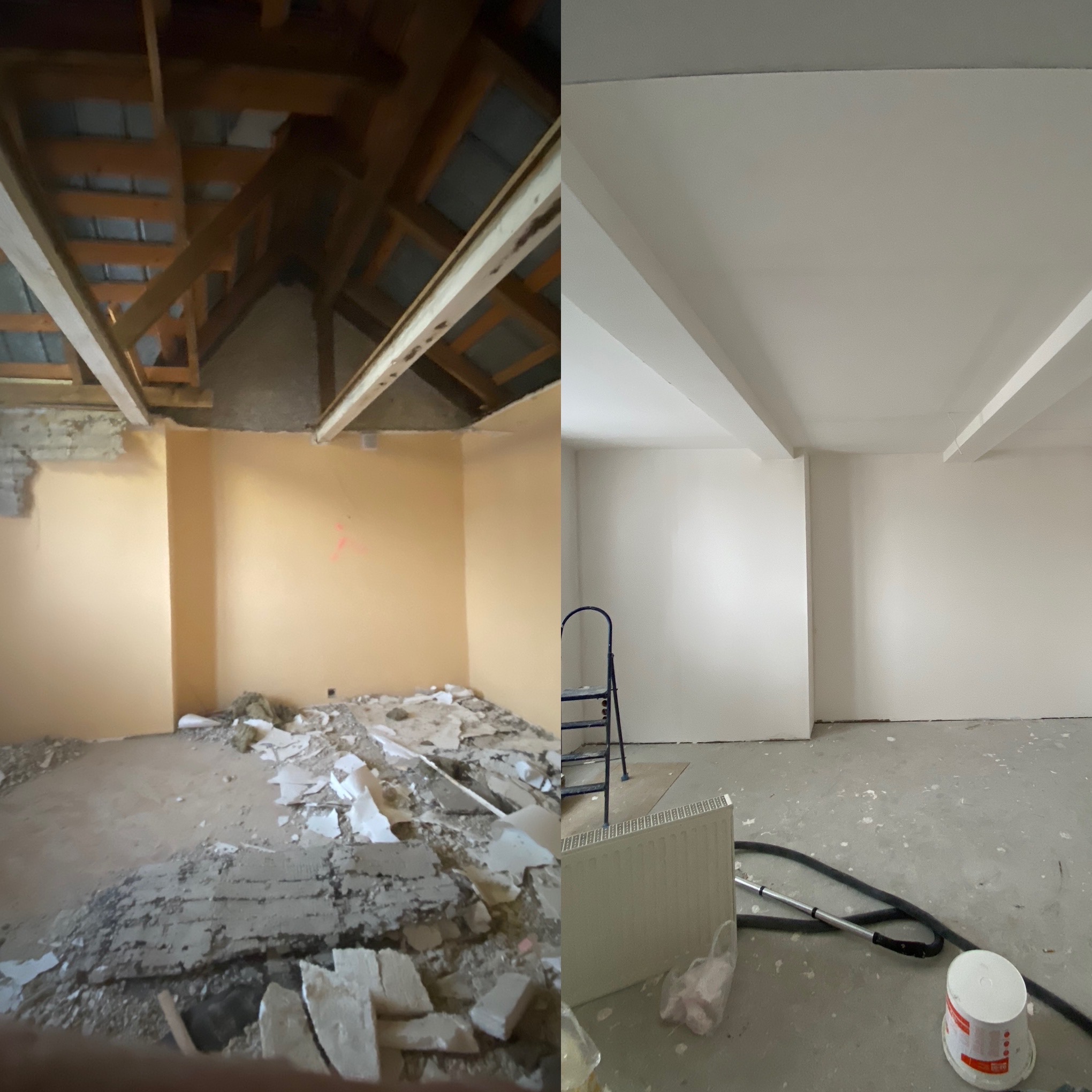 Porównanie stanu pokoju przed i po remoncie: po lewej surowy stan z odsłoniętą konstrukcją dachu i gruzem na podłodze, po prawej odnowione wnętrze z pomalowanymi ścianami, grzejnikiem, drabiną...