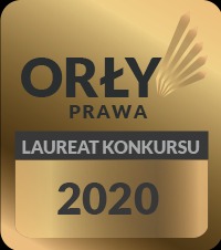 Złota plakietka 'Orły Prawa - Laureat Konkursu 2020' z charakterystycznym symbolem piór.