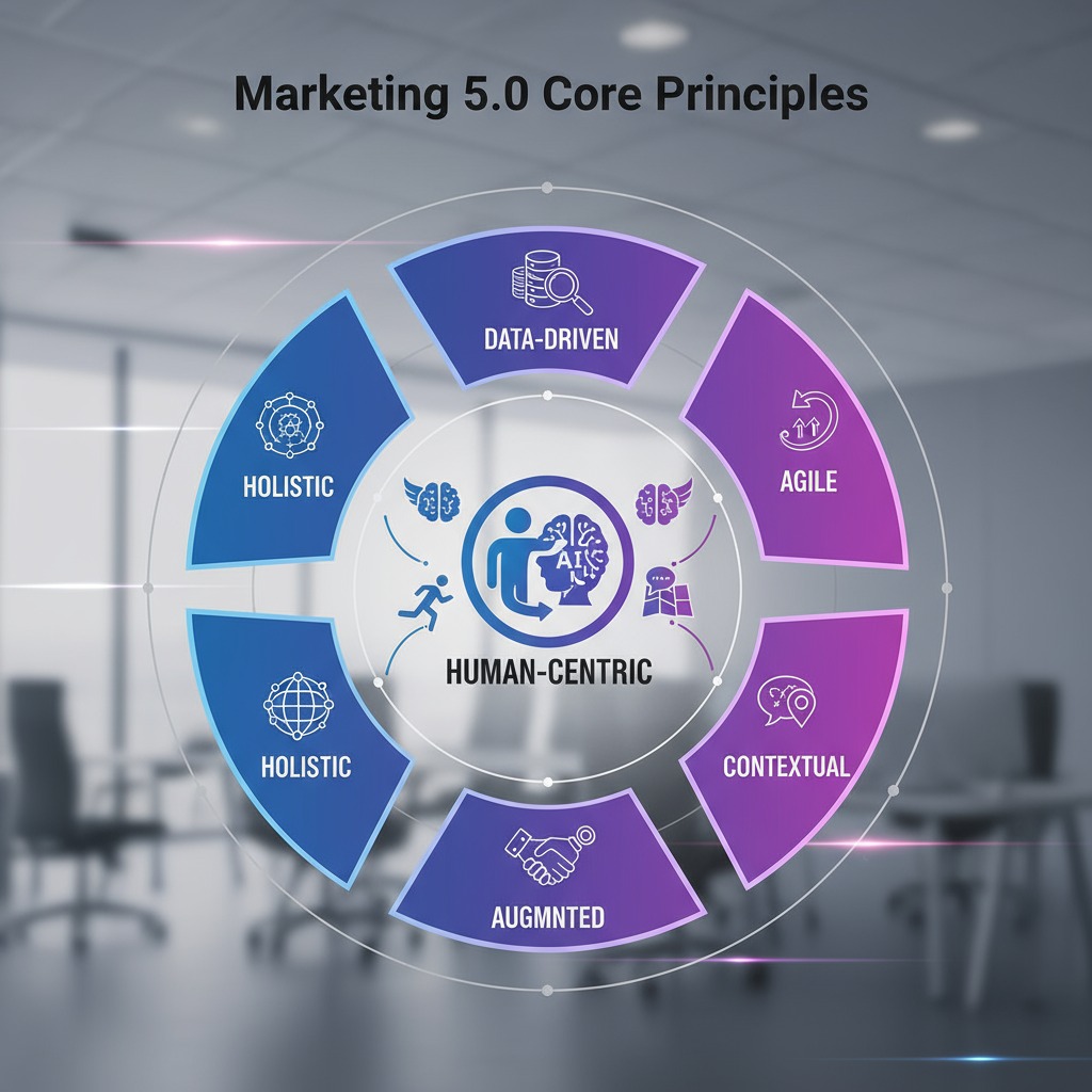 Infografika Marketing 5.0 Core Principles z hasłami: Data-Driven, Holistic, Agile, Contextual, Augmented, Human-Centric. Grafika na rozmytym tle biurowym.