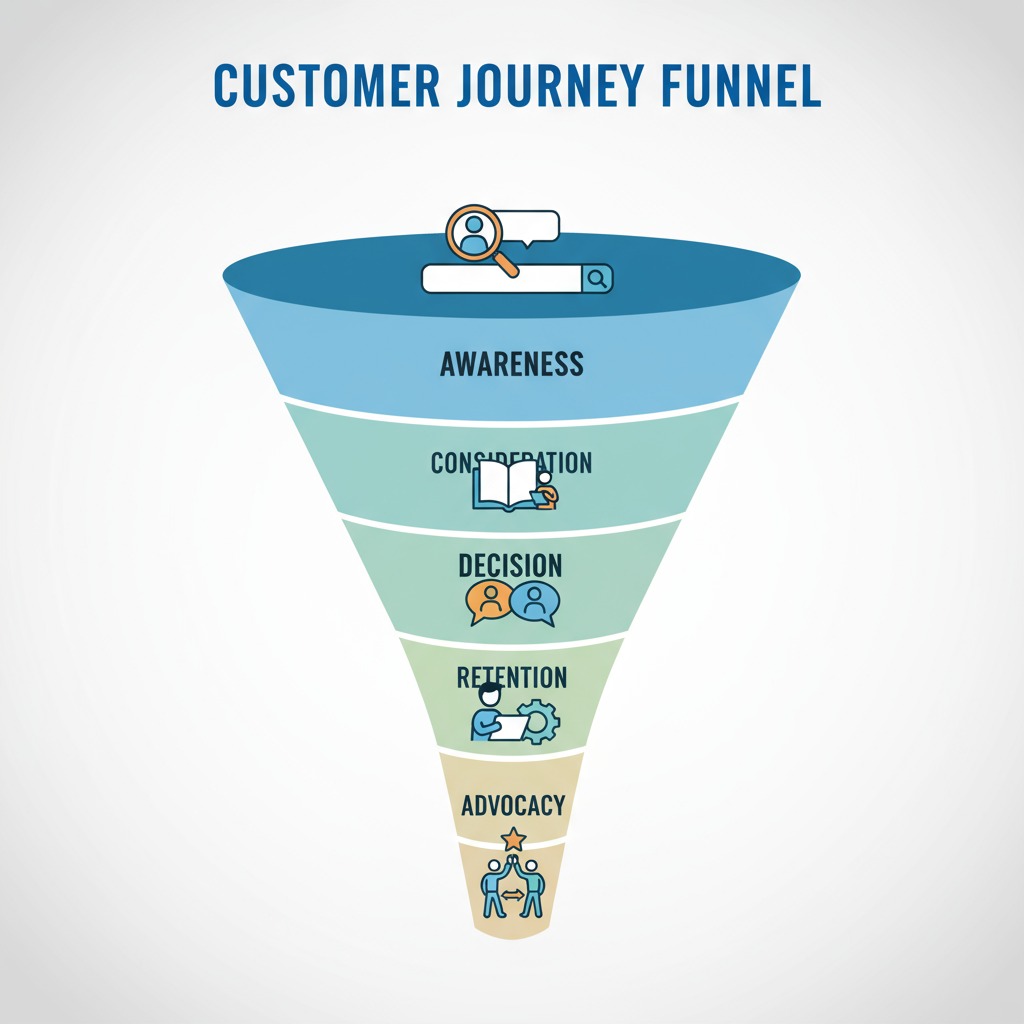 Ilustracja lejka Customer Journey z etapami: Awareness, Consideration, Decision, Retention, Advocacy. Grafika w pastelowych kolorach na jasnym tle.