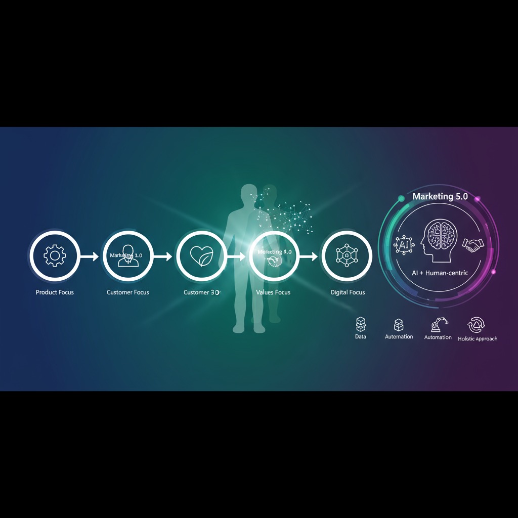 Ilustracja ewolucji marketingu od produktu do klienta, wartości, cyfryzacji i AI, z akcentem na Marketing 5.0 i podejście skoncentrowane na człowieku.