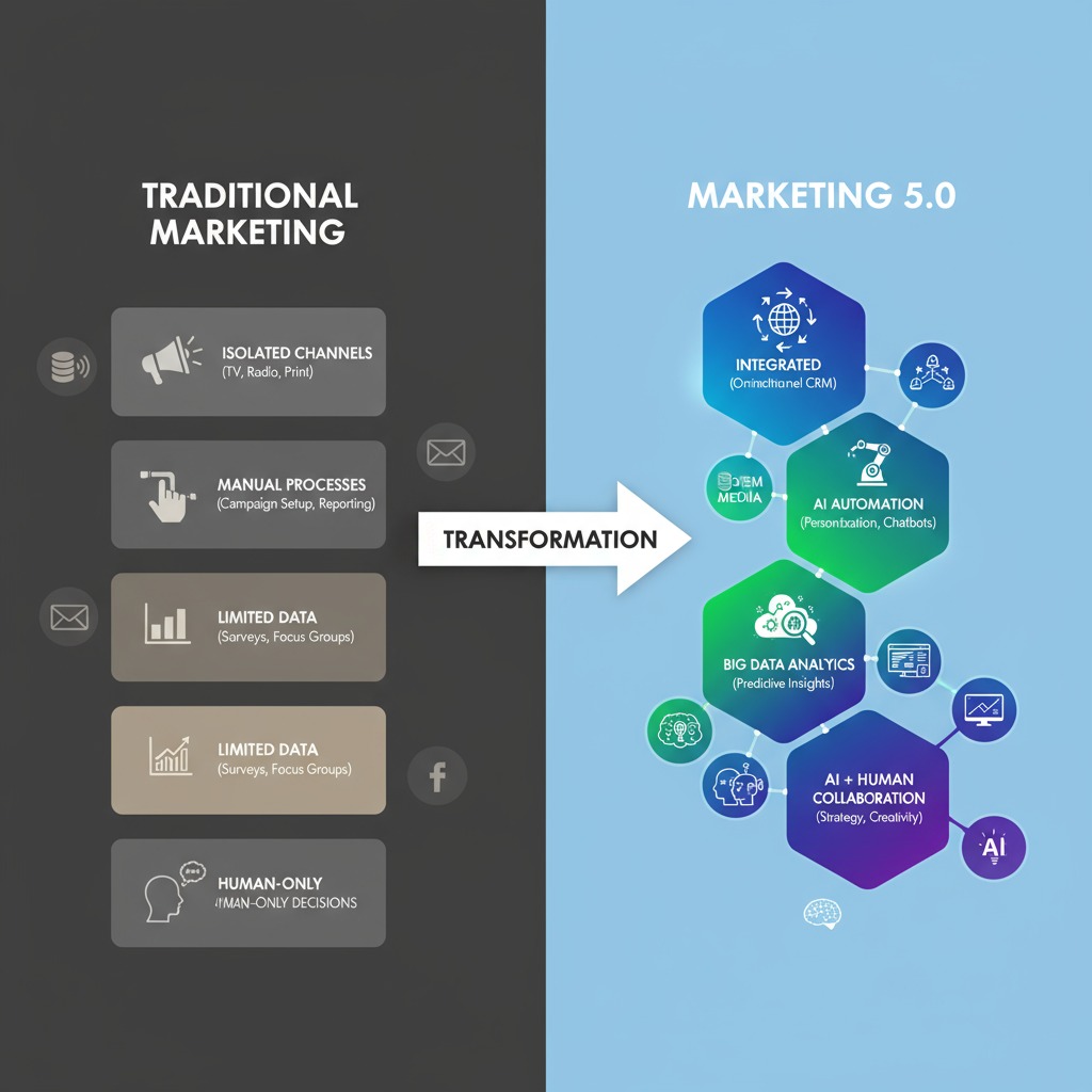 Infografika porównująca tradycyjny marketing z Marketingiem 5.0, ukazująca transformację w kierunku integracji, automatyzacji AI i analizy dużych zbiorów danych.