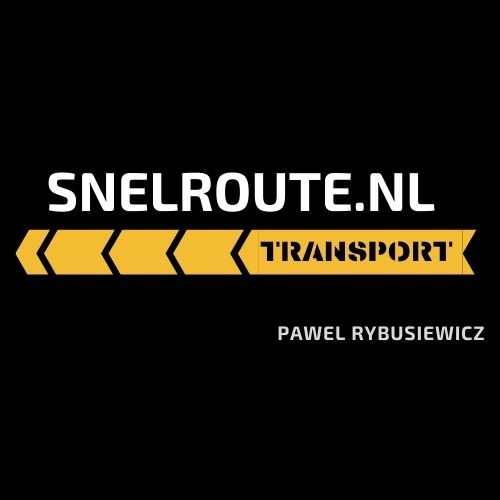 Logo firmy transportowej Snelroute.nl z żółtym symbolem strzałki i imieniem Pawła Rybusiewicza na czarnym tle.