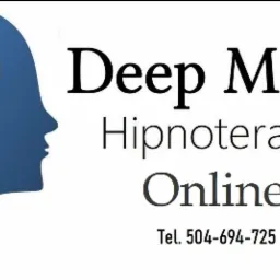 Logo firmy Deep Mind Hipnoterapia Online, z profilem twarzy w kolorze niebieskim i złotym symbolem spirali w miejscu mózgu, numer telefonu widoczny na białym tle.