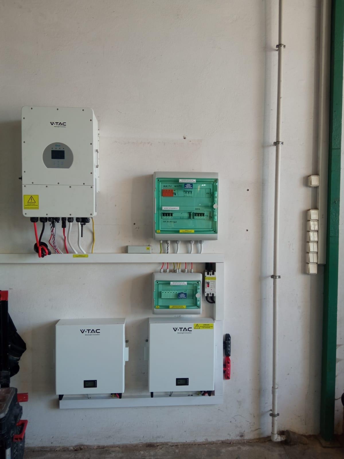 Instalacja fotowoltaiczna wewnątrz budynku: białe falowniki V-TAC i skrzynki zabezpieczeń przymocowane do ściany z widocznymi przewodami i elementami instalacji elektrycznej.