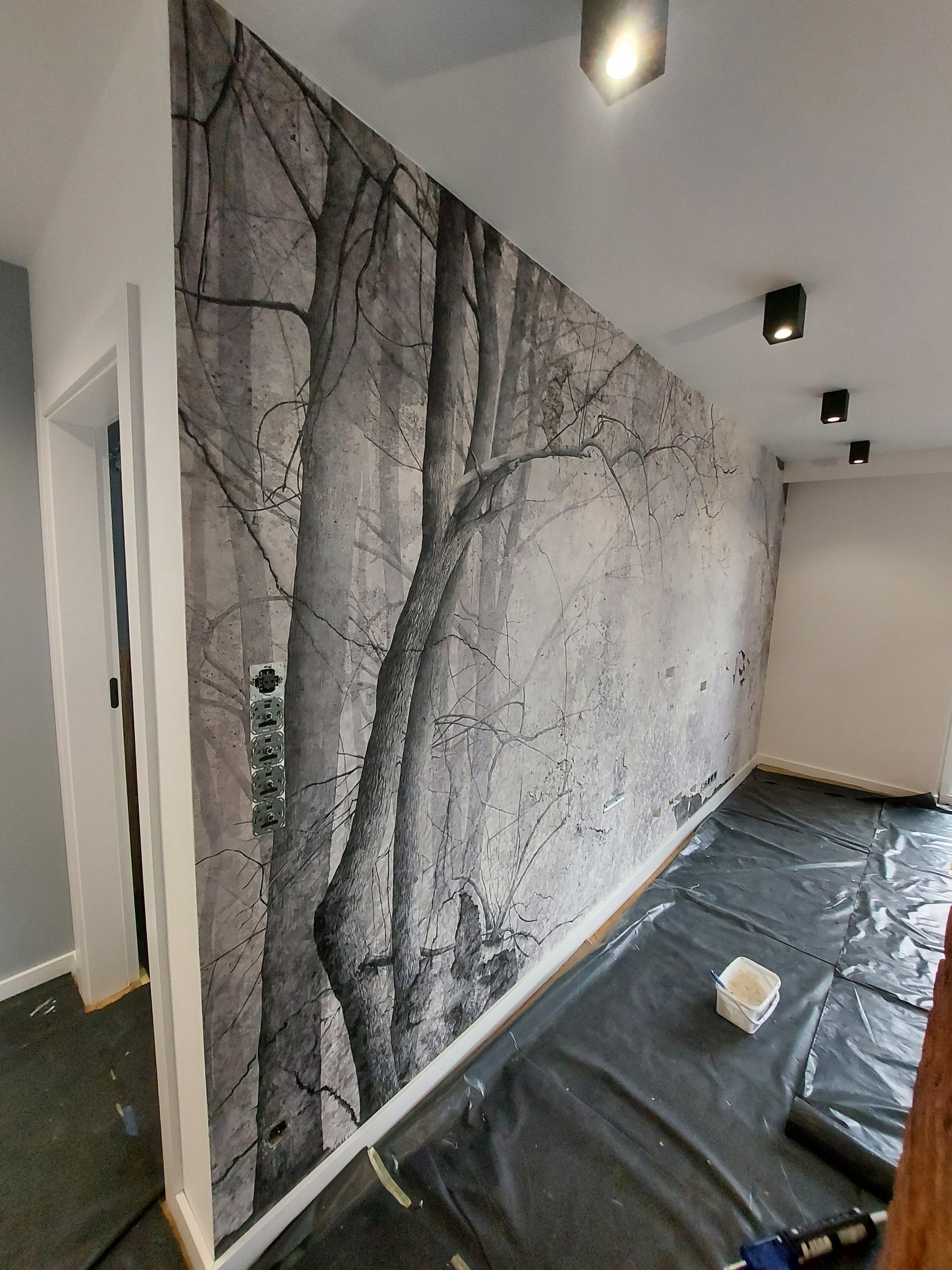 Ściana z fototapetą przedstawiającą zimowy las, widoczne puszki elektryczne bez osprzętu, podłoga zabezpieczona folią malarską, nowoczesne oświetlenie sufitowe.