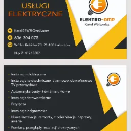 Dwustronna wizytówka firmy Elektro-Amp Karol Wójtowicz, oferującej usługi elektryczne, instalacje teletechniczne, alarmowe, domofonowe, TV przemysłową, automatykę budynków Smart Home, instalacje...