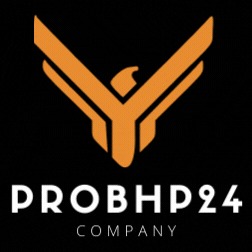 Pomarańczowe logo PROBHP24 COMPANY na czarnym tle, przedstawiające stylizowaną sylwetkę ptaka w kształcie litery Y.