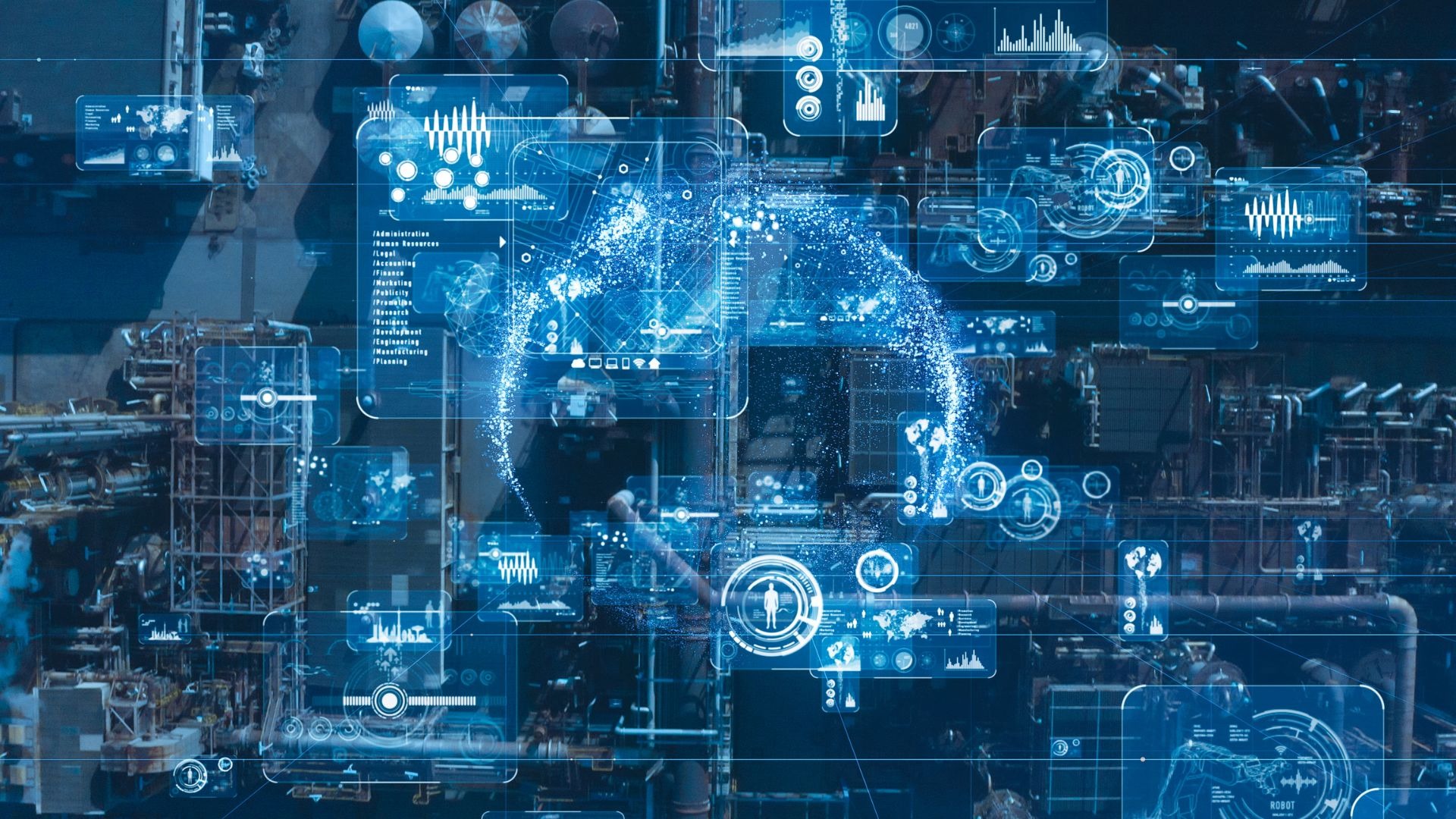 Schemat instalacji przemysłowej z nałożonymi cyfrowymi interfejsami i danymi wizualizowanymi w postaci wykresów, globalnej mapy i ikon, wskazującymi na administrację, zasoby ludzkie, finanse...