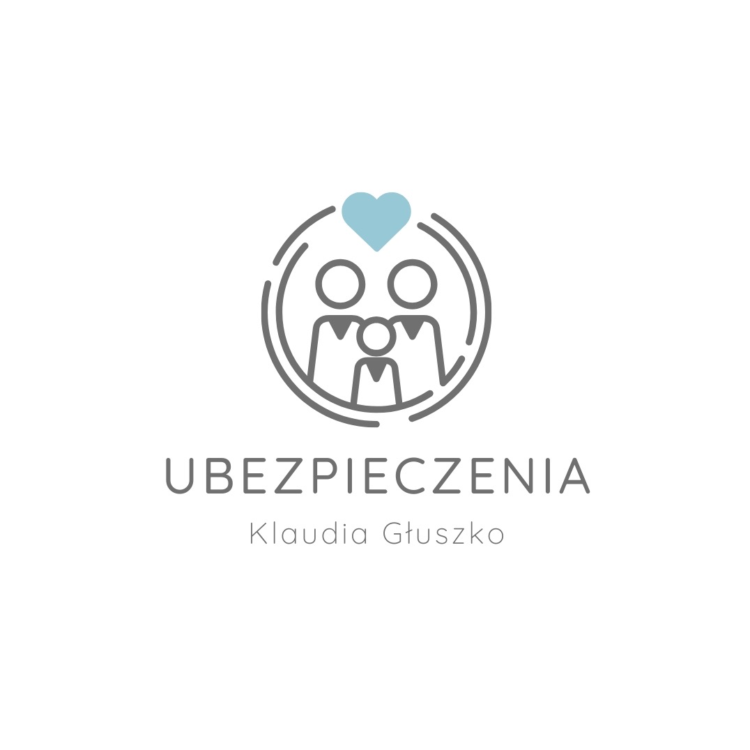 Logo firmy ubezpieczeniowej: stylizowana rodzina w okręgu z sercem, napis 'Ubezpieczenia Klaudia Głuszko' w szarym kolorze na białym tle.
