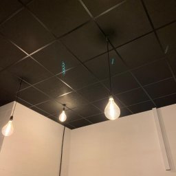 Yuriy Romanenko usługi budowlane - Ciemny sufit kasetonowy z trzema wiszącymi żarówkami w stylu retro, widoczne haczyki montażowe, białe ściany w tle.