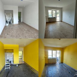 Yuriy Romanenko usługi budowlane - Dwuczęściowe zdjęcie przedstawiające pokój przed i po malowaniu. W górnej części pokój z drewnianą podłogą i białymi ścianami. W dolnej części pokój z żółtymi ścianami, zabezpieczoną folią podłogą...