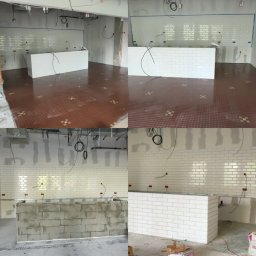 Yuriy Romanenko usługi budowlane - Cztery kadry ukazujące postęp prac w lokalu: układanie białych, prostokątnych płytek na ścianie i obudowie, widoczne przewody elektryczne, surowy stan wykończenia, podłoga z brązowych płytek z wzorem.