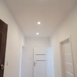 Korytarz po remoncie z trzema parami drzwi, oświetleniem punktowym w suficie i podłogą imitującą drewno.