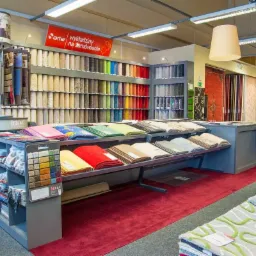 Ekspozycja w sklepie z różnorodnymi próbkami dywanów i wykładzin, ułożonymi kolorystycznie na półkach i prezentowanych na stojakach, z czerwonym dywanem na podłodze.