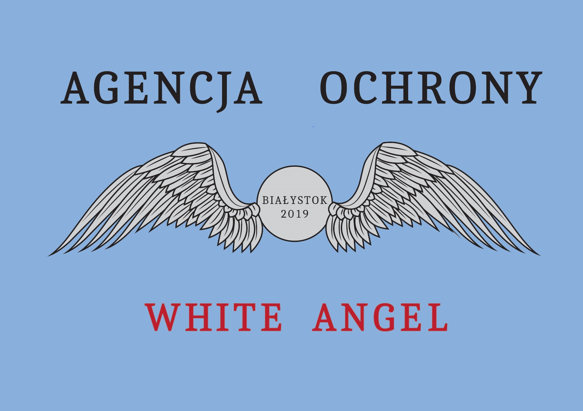 Logo firmy ochroniarskiej White Angel z Białegostoku, rok założenia 2019, stylizowane skrzydła anioła wkomponowane w nazwę firmy.