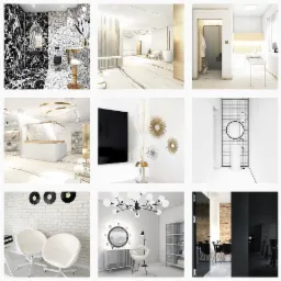 Czarno-biała łazienka z marmurkowymi ścianami i podłogą, złote detale, czarna armatura, nowoczesny design.