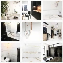 Zestawienie dziewięciu kadrów z wnętrz: salon z okrągłym stołem i rośliną, czarna kuchnia z drewnianym blatem, biała sypialnia z dekoracją ścienną, łazienka z czarno-białą marmurową podłogą...