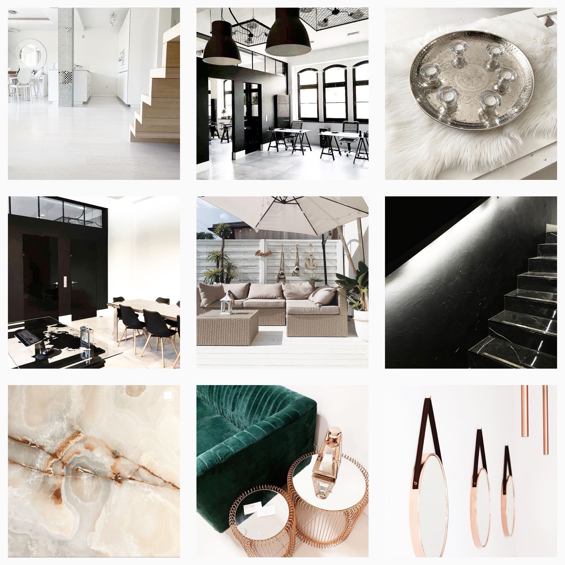 Kolaż dziewięciu zdjęć przedstawiających elementy wystroju wnętrz: jasne, minimalistyczne wnętrze z drewnianymi schodami, biuro w stylu industrialnym z czarnymi lampami, srebrna taca z dekoracjami...