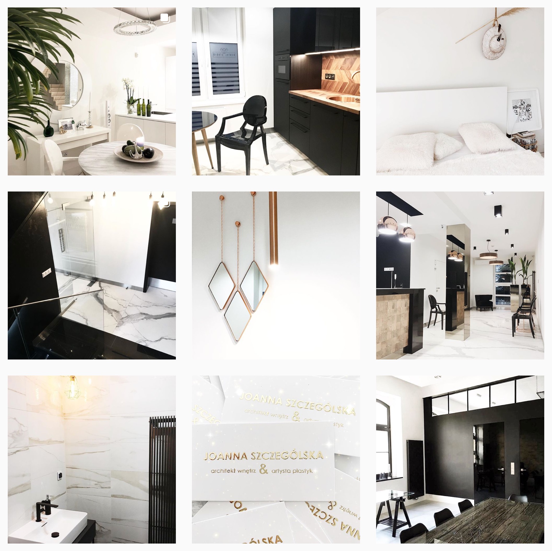 Zestawienie dziewięciu kadrów z wnętrz: salon z okrągłym stołem i rośliną, czarna kuchnia z drewnianym blatem, biała sypialnia z dekoracją ścienną, łazienka z czarno-białą marmurową podłogą...