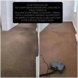 Porównanie wykładziny dywanowej przed i po czyszczeniu, widoczne znaczne różnice w kolorze i usunięciu zabrudzeń, z użyciem profesjonalnego odkurzacza piorącego.