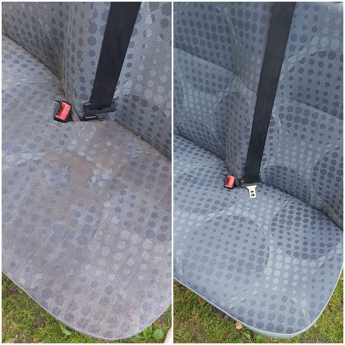 Tapicerowane siedzenie samochodowe przed i po czyszczeniu, widoczna wyraźna różnica w czystości materiału, zapięcie pasów bezpieczeństwa.