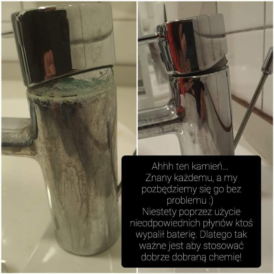 Porównanie baterii łazienkowej przed i po czyszczeniu z osadu kamienia, widoczne ślady korozji i zastosowania nieodpowiednich środków czyszczących.
