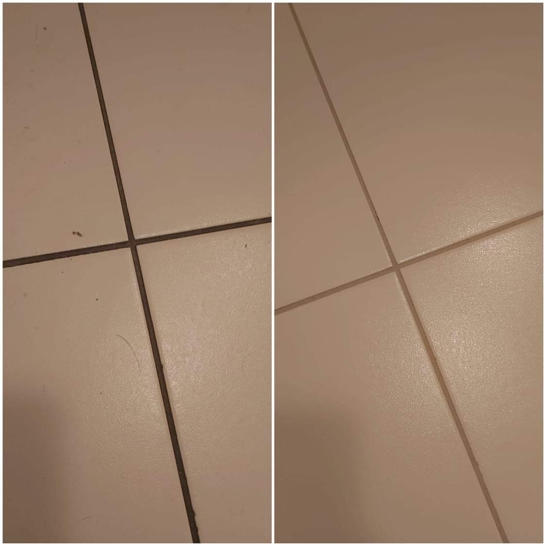 Porównanie czystości fug i płytek podłogowych przed i po czyszczeniu, widoczne różnice w odcieniu i usunięte zabrudzenia.