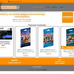 Strona główna sklepu internetowego tutoznajde.pl z ofertą klocków Lego, prezentująca polecane produkty: naklejki do VW Beetle, minifigurki Lego Movie 2, Disney 2 i Harry Potter 2.