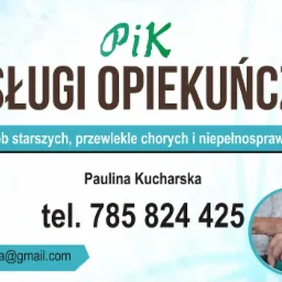 Reklama usług opiekuńczych PIK z numerem telefonu i adresem e-mail, skierowanych do osób starszych, przewlekle chorych i niepełnosprawnych, z ilustracją dłoni osoby starszej trzymanej w dłoni...