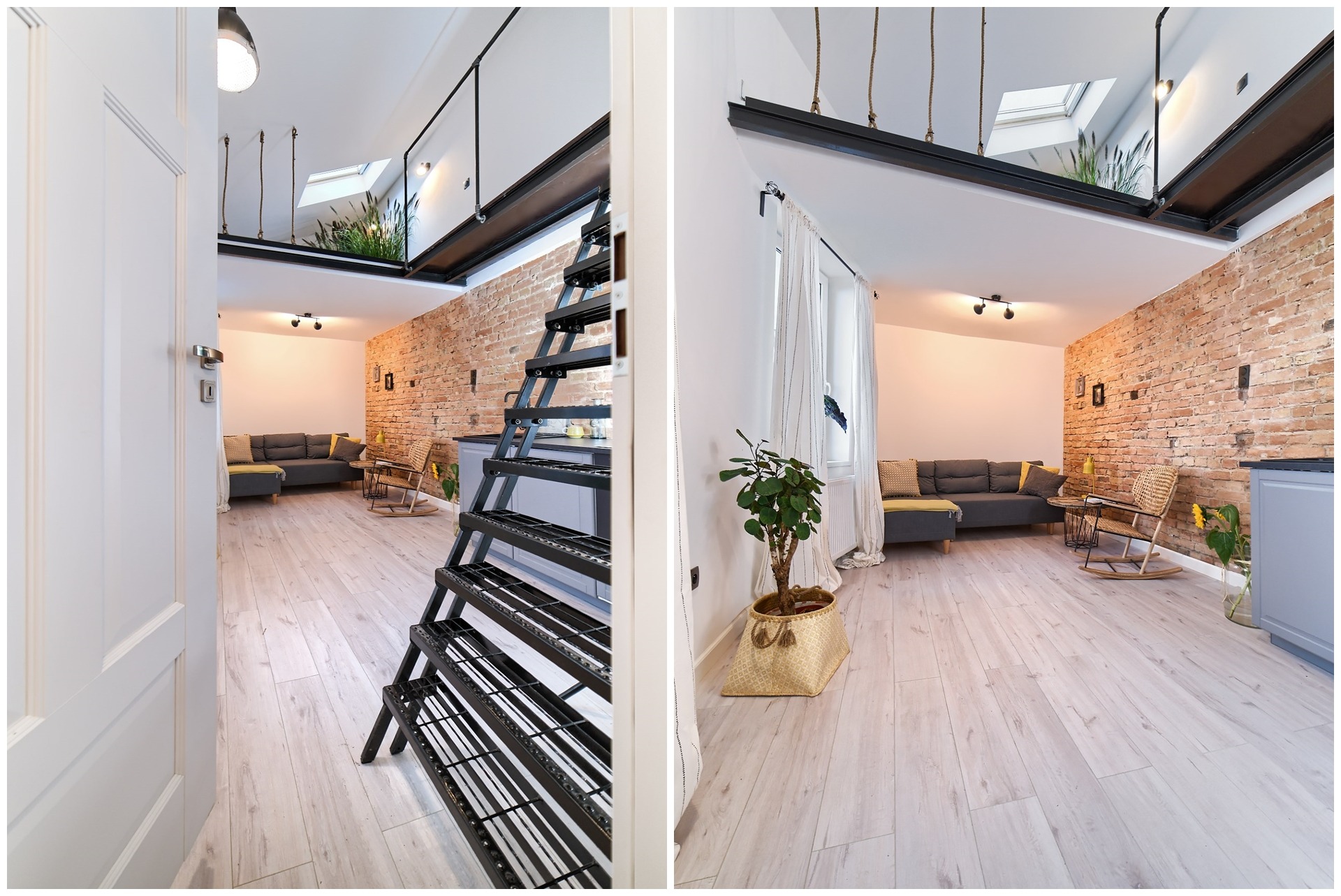 Nowoczesne schody metalowe z ażurowymi stopniami prowadzące na antresolę z roślinami, widok z otwartych drzwi na salon z ceglaną ścianą i szarą sofą.