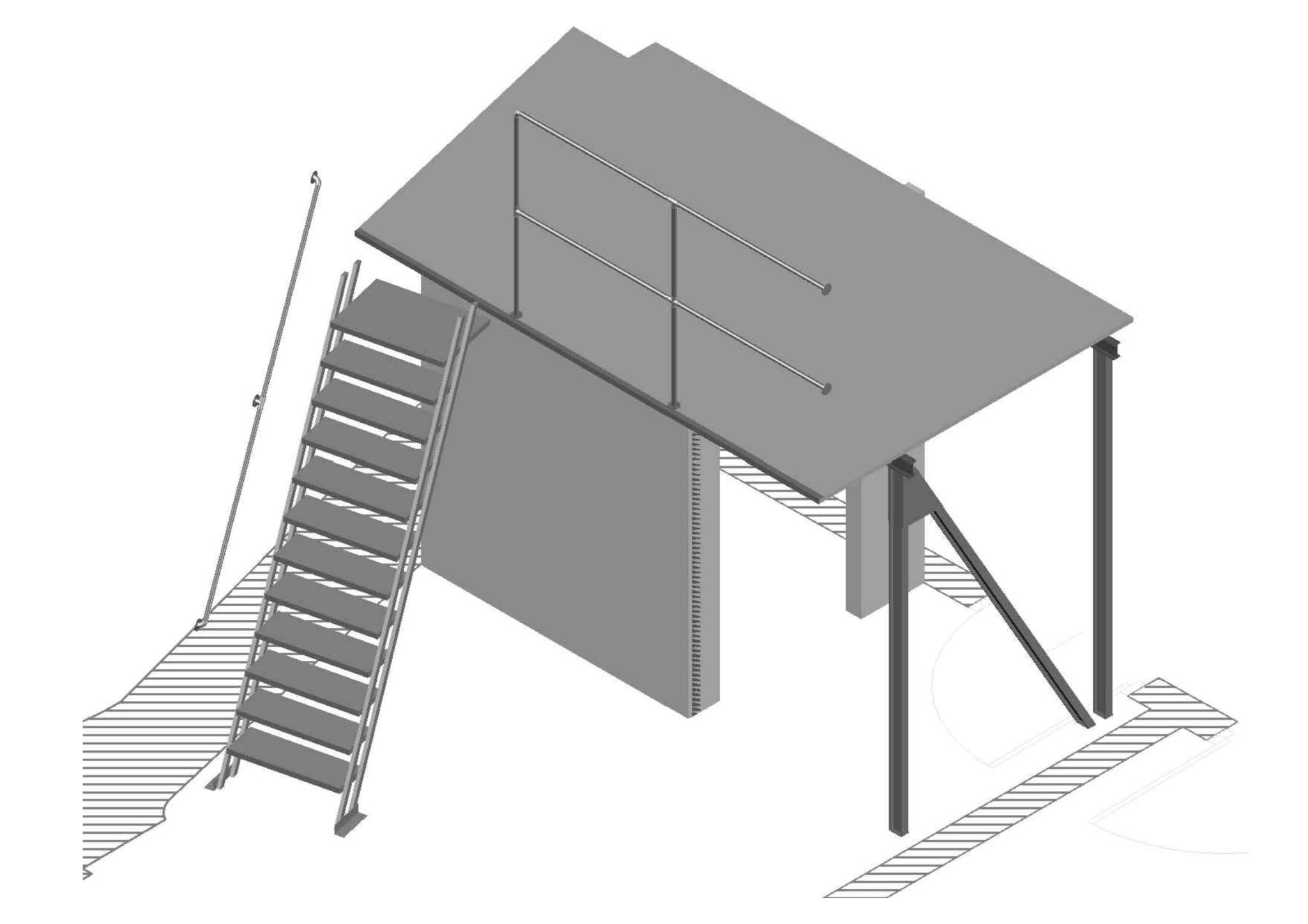 Szary model 3D konstrukcji stalowej z metalowymi schodami drabinkowymi i barierkami, widok z góry, białe tło.