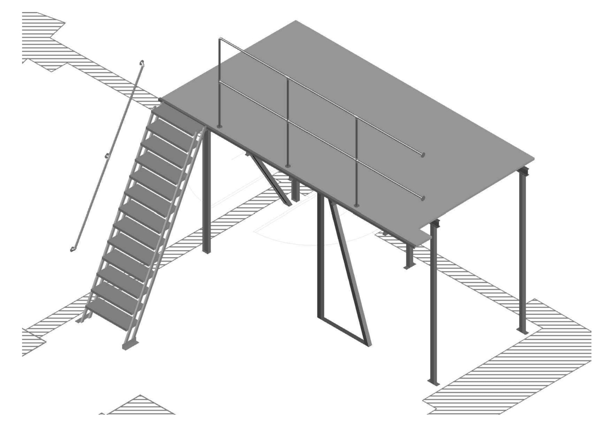 Wizualizacja 3D metalowej konstrukcji platformy z drabinką, z barierkami zabezpieczającymi, na białym tle.