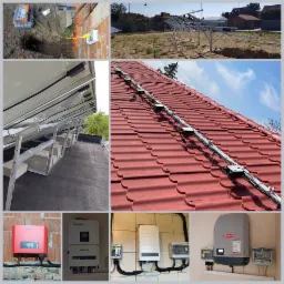 Montaż instalacji fotowoltaicznej: widok na konstrukcję wsporczą, kable na dachu z czerwonej dachówki oraz inwertery różnych producentów zamontowane na ścianach.