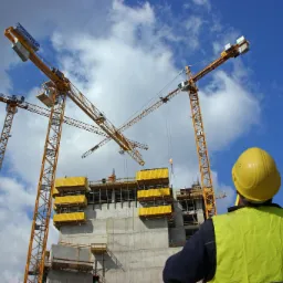 Pracownik w żółtym kasku i kamizelce odblaskowej obserwuje budowę wysokiego budynku z trzema żurawiami na tle błękitnego nieba z chmurami.