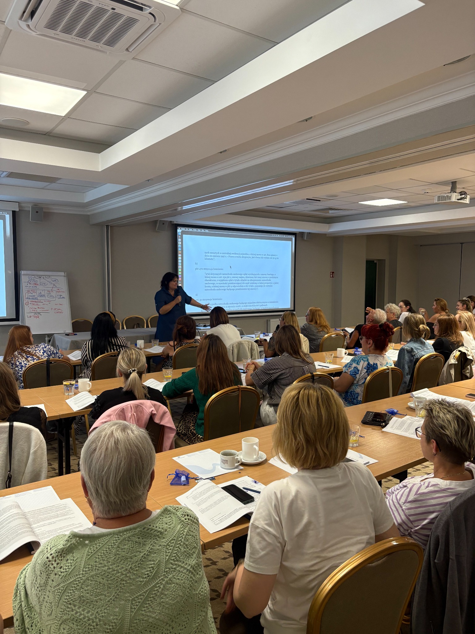 Sala konferencyjna podczas szkolenia: prelegentka omawia prezentację na rzutniku, uczestnicy siedzą przy stołach z notatkami i napojami. Widoczny flipchart.