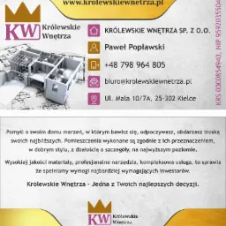 Wizytówka firmy Królewskie Wnętrza z logo, danymi kontaktowymi i renderem 3D projektu domu.