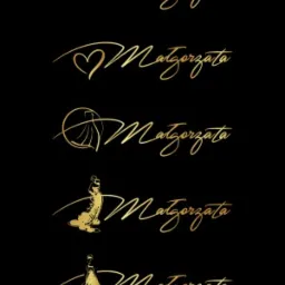 Zestaw złotych, kaligraficznych logo z imieniem Małgorzata, warianty z sercem, sylwetką sukni wieczorowej i sylwetką kobiety w sukience na czarnym tle.