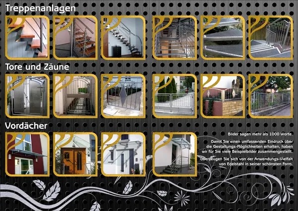 Kompozycja zdjęć przedstawiających różnorodne konstrukcje ze stali nierdzewnej: schody wewnętrzne i zewnętrzne, balustrady, bramy, ogrodzenia oraz zadaszenia nad wejściami, zaprezentowane...