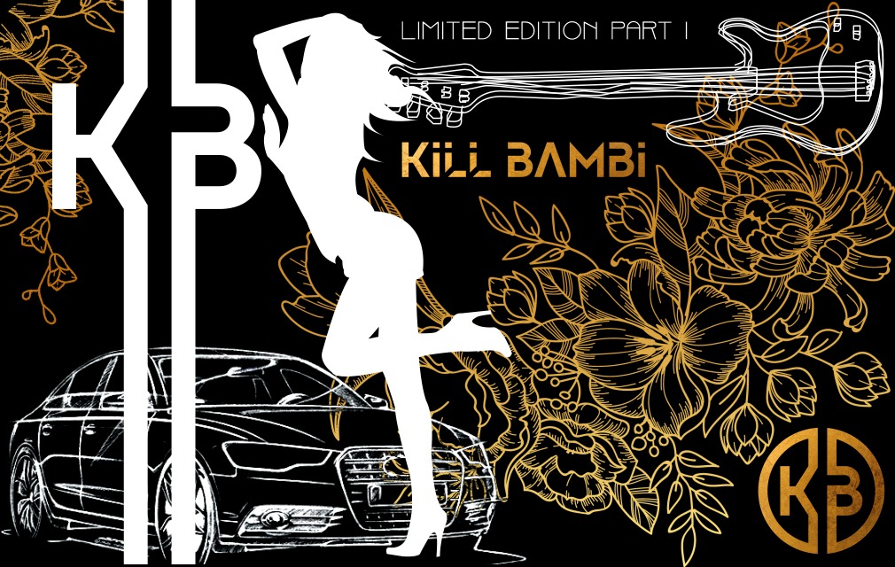 Elegancka grafika wektorowa w kolorach czerni, bieli i złota, przedstawiająca sylwetkę kobiety, samochód, gitarę, kwiaty oraz logo 'KB' w okręgu, z napisem 'LIMITED EDITION PART I' i nazwą 'Kill...