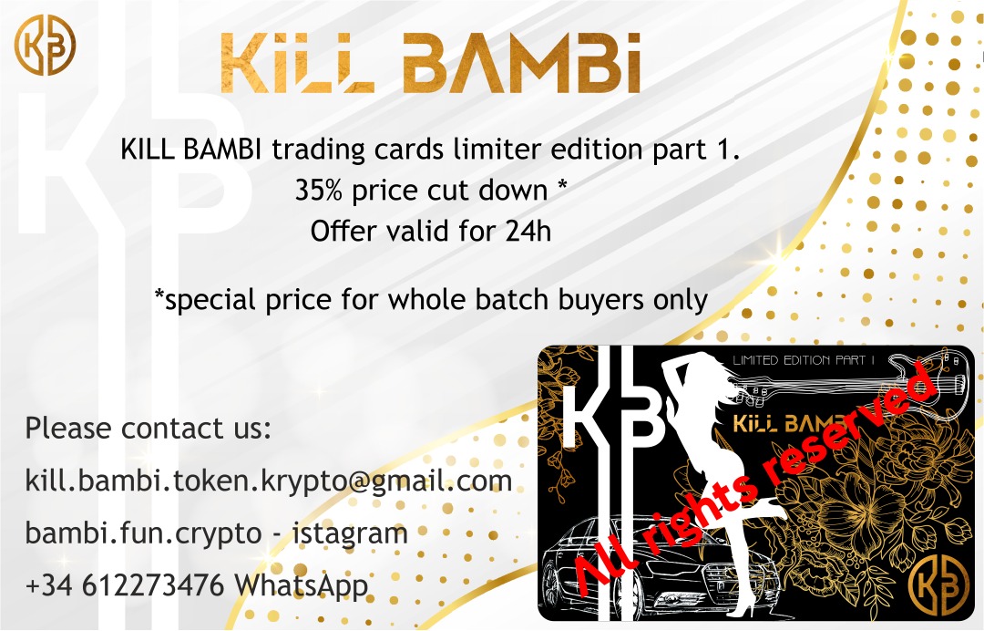 Promocyjna grafika trading cards Kill Bambi Limited Edition Part 1, oferująca 35% zniżki, ważna 24h, z informacjami kontaktowymi: e-mail, Instagram, WhatsApp.