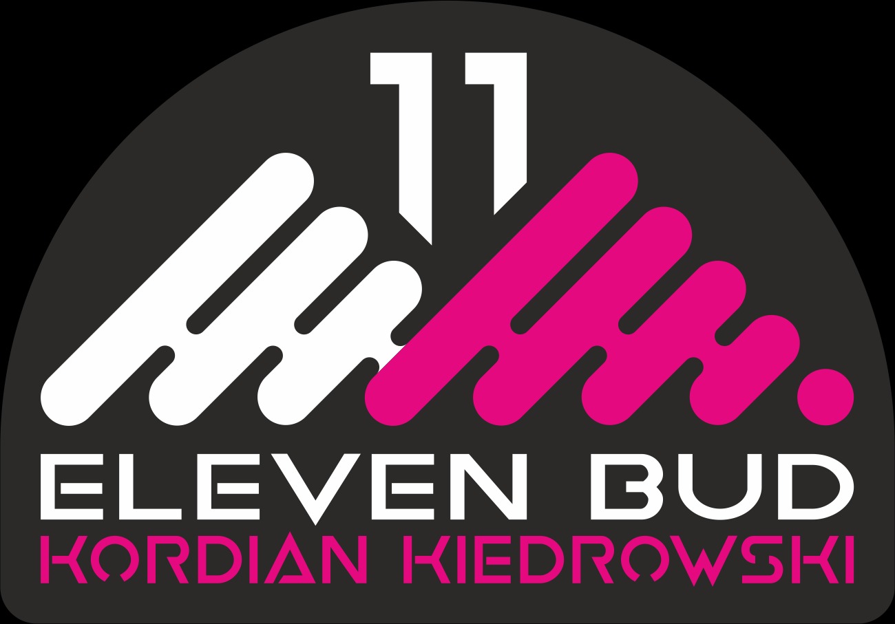 Logo firmy Eleven Bud Kordian Kiedrowski na czarnym tle, z abstrakcyjnym symbolem w kolorach białym i różowym, przypominającym stylizowane góry lub fale.
