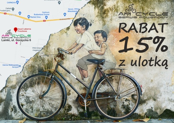 Rower oparty o ścianę z muralem przedstawiającym dzieci na rowerze, obok napis 'Rabat 15% z ulotką' oraz logo serwisu rowerowego i mapa z lokalizacją.